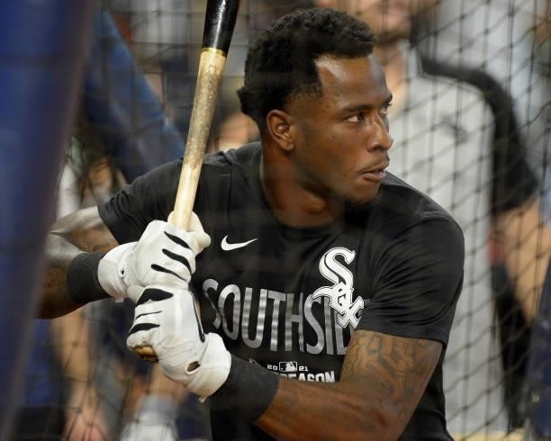 Tim Anderson of the Chicago White Sox participates in batting practice prior to Game One of the American League Division Series against the Houston...
