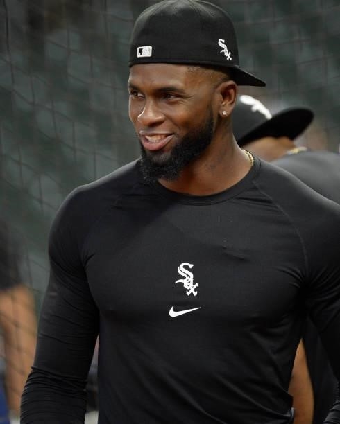 Luis Robert of the Chicago White Sox looks on during batting practice prior to Game One of the American League Division Series against the Houston...