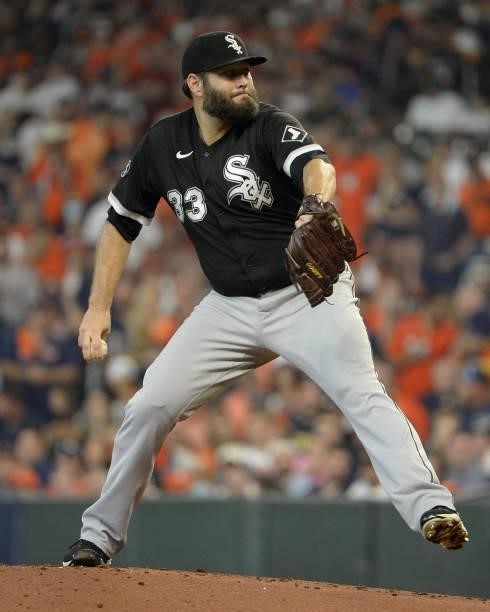 Lance Lynn of the Chicago White Sox pitches against the Houston Astros during Game One of the American League Division Series on October 7, 2021 at...