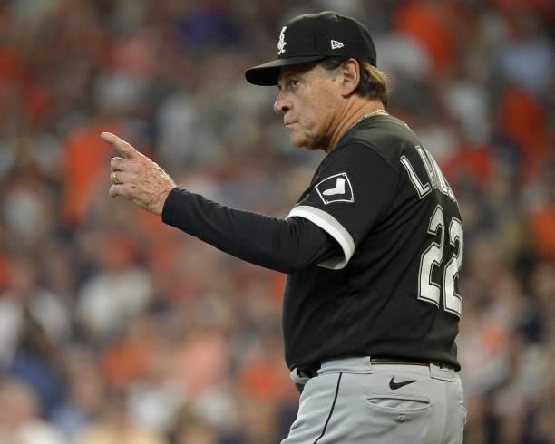 Manager Tony La Russa of the Chicago White Sox makes a pitching change against the Houston Astros during Game One of the American League Division...