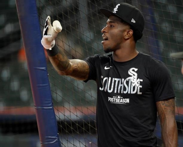 Tim Anderson of the Chicago White Sox looks on during batting practice prior to Game One of the American League Division Series against the Houston...