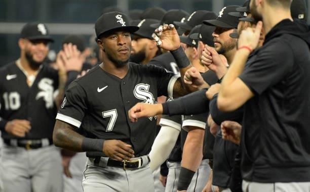 Tim Anderson of the Chicago White Sox greets teammates during introductions prior to Game One of the American League Division Series against the...