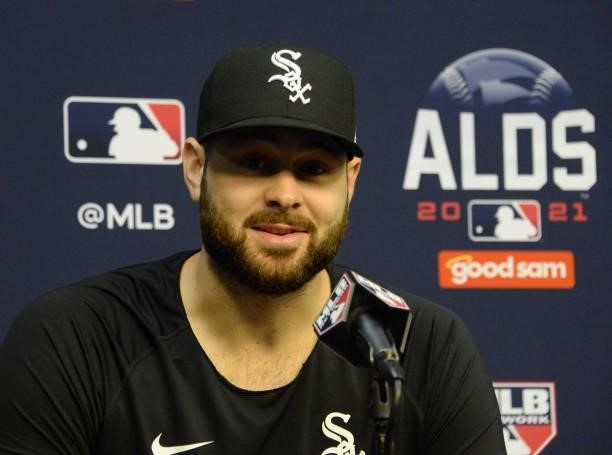 Lucas Giolito of the Chicago White Sox meets the media during a press conference prior to Game One of the American League Division Series against the...