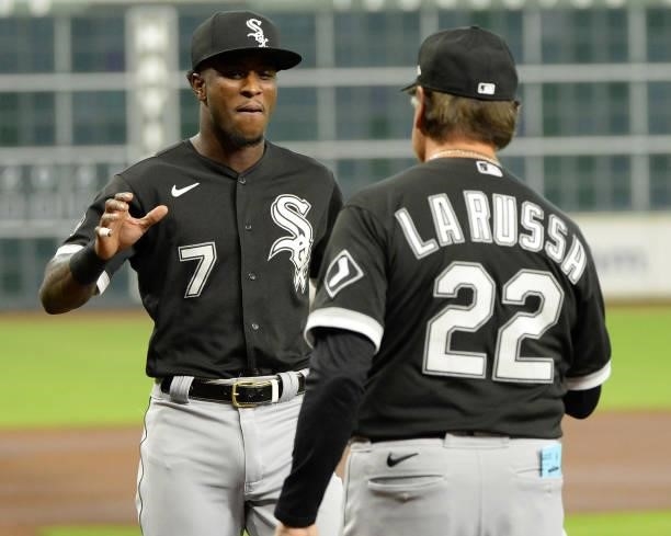 Tim Anderson greets Manager Tony La Russa of the Chicago White Sox during introductions prior to Game One of the American League Division Series...