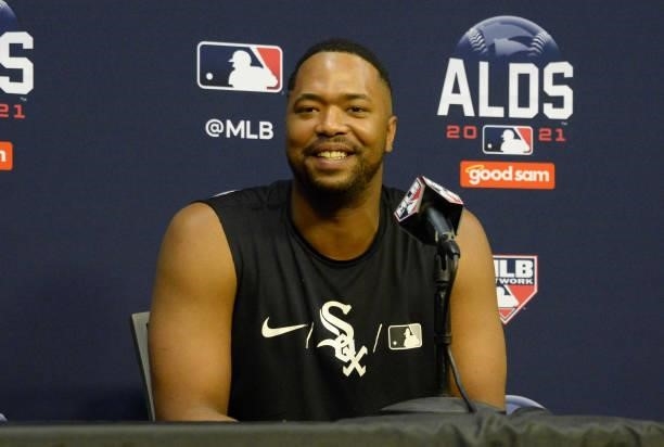 Eloy Jimenez of the Chicago White Sox meets the media during a press conference prior to Game One of the American League Division Series against the...