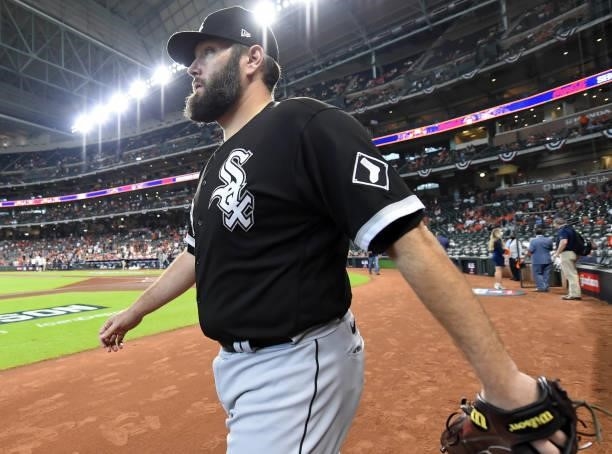 Lance Lynn of the Chicago White Sox walks toward the bullpen prior to Game One of the American League Division Series against the Houston Astros on...