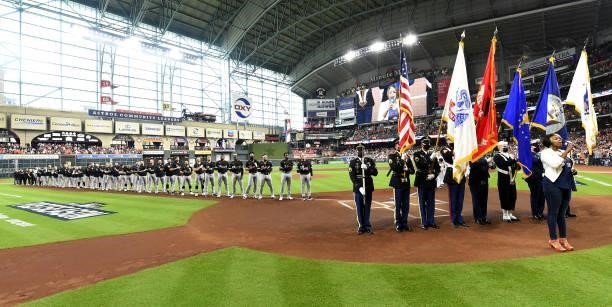 The Chicago White Sox stand during the National Anthem prior to Game One of the American League Division Series against the Houston Astros on October...