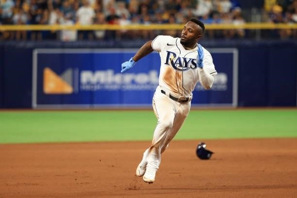 Randy Arozarena of the Tampa Bay Rays runs to third on a double by Wander Franco in the seventh inning against the Boston Red Sox during Game 1 of...