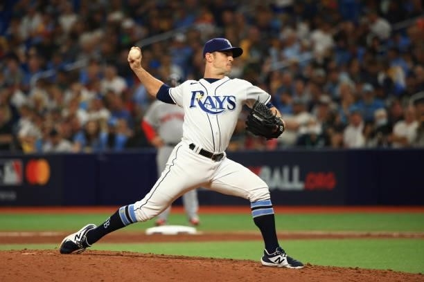 David Robertson of the Tampa Bay Rays pitches in the seventh inning against the Boston Red Sox during Game 1 of the American League Division Series...