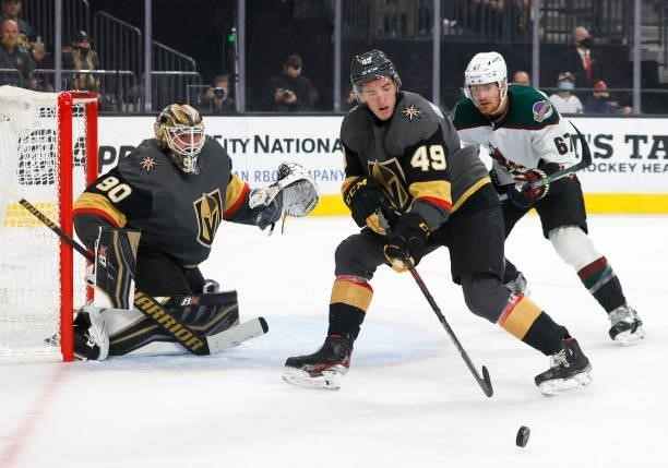 Peter Diliberatore of the Vegas Golden Knights controls the puck against Lawson Crouse of the Arizona Coyotes as Robin Lehner of the Golden Knights...