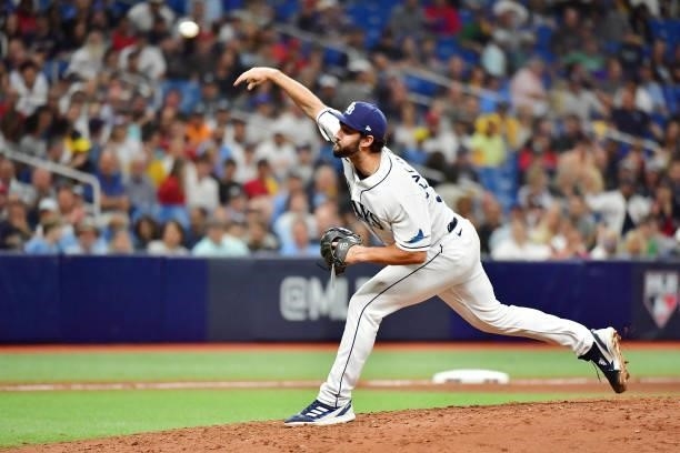 Feyereisen of the Tampa Bay Rays pitches in the eighth inning against the Boston Red Sox during Game 1 of the American League Division Series at...