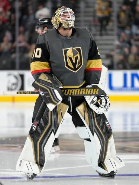 Robin Lehner of the Vegas Golden Knights takes the ice to start the second period of a game against the Arizona Coyotes at T-Mobile Arena on October...
