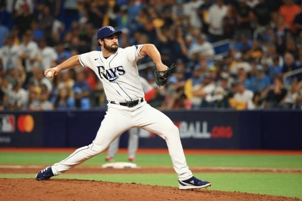 Feyereisen of the Tampa Bay Rays pitches in the ninth inning against the Boston Red Sox during Game 1 of the American League Division Series at...