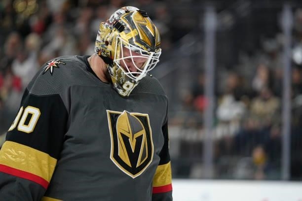 Robin Lehner of the Vegas Golden Knights reacts after allowing a goal during the second period of a game against the Arizona Coyotes at T-Mobile...