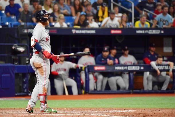 Alex Verdugo of the Boston Red Sox reacts as he strikes out in the ninth inning against the Tampa Bay Rays during Game 1 of the American League...