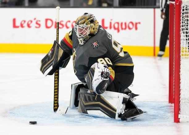Robin Lehner of the Vegas Golden Knights makes a save during the second period of a game against the Arizona Coyotes at T-Mobile Arena on October 07,...