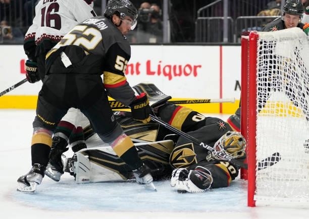 Robin Lehner of the Vegas Golden Knights makes a save during the second period of a game against the Arizona Coyotes at T-Mobile Arena on October 07,...