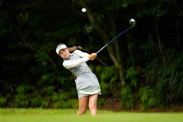 Riko Inoue of Japan hits her tee shot on the 4th hole during the second round of Kanehide Miyarabi Open at the Kanehide Kise Country Club on October...