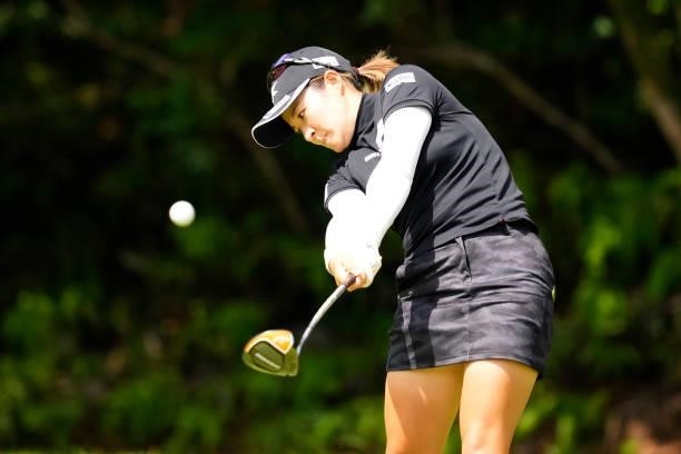 Ayame Sakuma of Japan hits her tee shot on the 4th hole during the second round of Kanehide Miyarabi Open at the Kanehide Kise Country Club on...