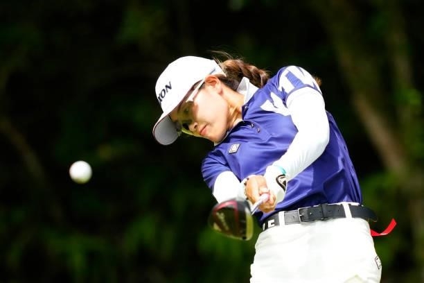Sae Ogura of Japan hits her tee shot on the 4th hole during the second round of Kanehide Miyarabi Open at the Kanehide Kise Country Club on October...