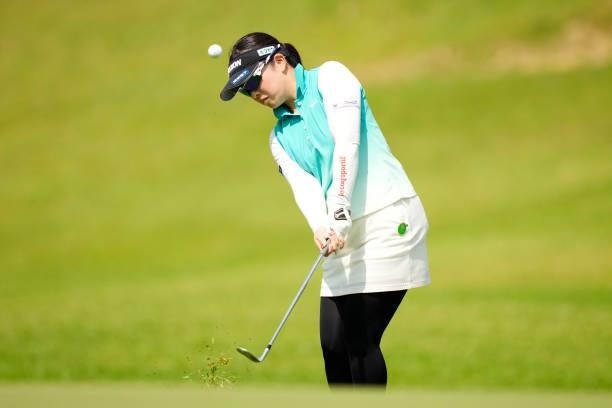 Sayaka Tsuchida of Japan chips onto the 4th green during the second round of Kanehide Miyarabi Open at the Kanehide Kise Country Club on October 8,...