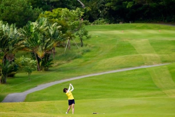 Tomoko Kanai of Japan hits her second shot on the 4th hole during the second round of Kanehide Miyarabi Open at the Kanehide Kise Country Club on...