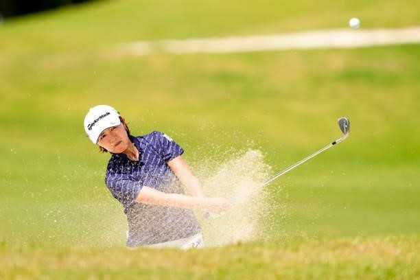 Karen Gondo of Japan hits out from a bunker on the 4th hole during the second round of Kanehide Miyarabi Open at the Kanehide Kise Country Club on...
