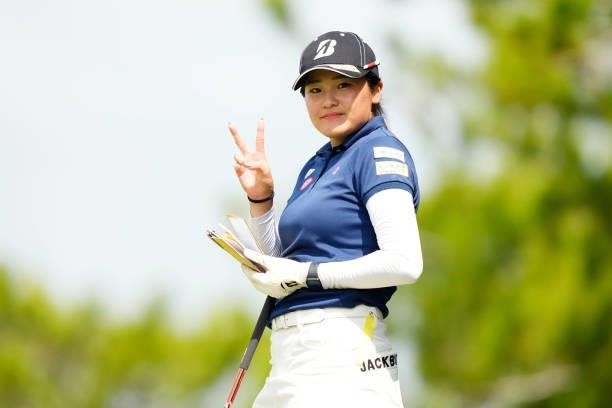Shiho Kuwaki of Japan poses on the 5th tee during the second round of Kanehide Miyarabi Open at the Kanehide Kise Country Club on October 8, 2021 in...