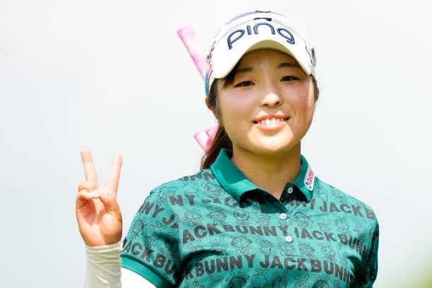 Shuri Sakuma of Japan poses on the 5th hole during the second round of Kanehide Miyarabi Open at the Kanehide Kise Country Club on October 8, 2021 in...