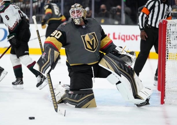 Robin Lehner of the Vegas Golden Knights tends net during the second period of a game against the Arizona Coyotes at T-Mobile Arena on October 07,...