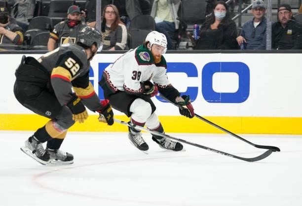 Liam O'Brien of the Arizona Coyotes skates during the second period of a game against the Vegas Golden Knights at T-Mobile Arena on October 07, 2021...