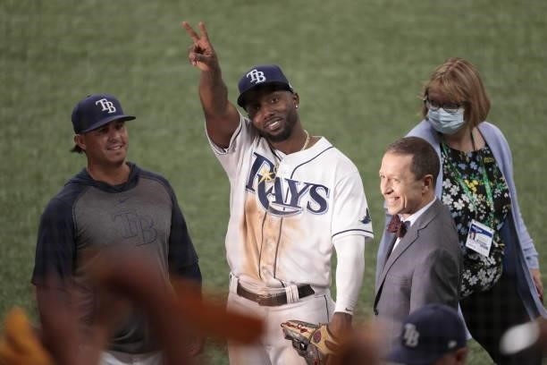 Randy Arozarena of the Tampa Bay Rays celebrates their 5-0 win over the Boston Red Sox during Game 1 of the American League Division Series at...