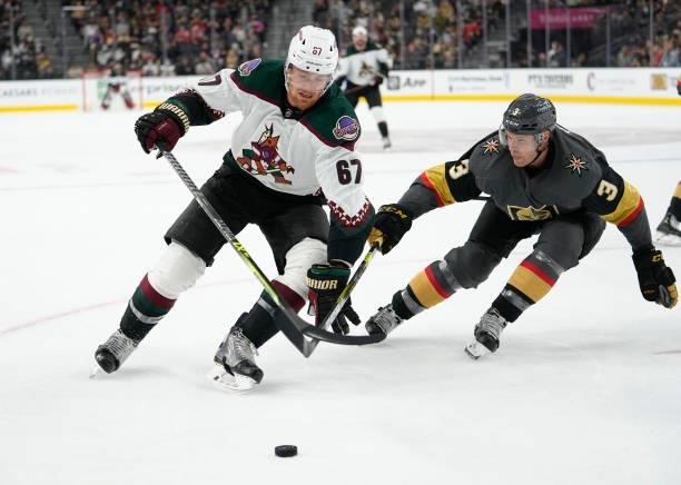 Lawson Crouse of the Arizona Coyotes skates during the second period of a game against the Vegas Golden Knights at T-Mobile Arena on October 07, 2021...