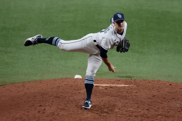 David Robertson of the Tampa Bay Rays pitches against the Boston Red Sox during Game 1 of the American League Division Series at Tropicana Field on...