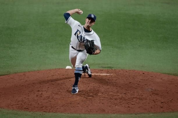 David Robertson of the Tampa Bay Rays pitches against the Boston Red Sox during Game 1 of the American League Division Series at Tropicana Field on...