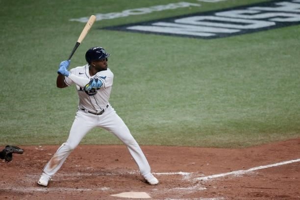 Randy Arozarena of the Tampa Bay Rays bats in the seventh inning against the Boston Red Sox during Game 1 of the American League Division Series at...