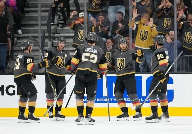 William Karlsson of the Vegas Golden Knights celebrates after scoring a goal during the second period of a game against the Arizona Coyotes at...