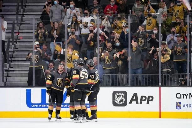 William Karlsson of the Vegas Golden Knights celebrates after scoring a goal during the second period of a game against the Arizona Coyotes at...