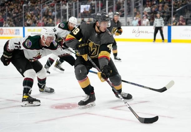 Peter DiLiberatore of the Vegas Golden Knights skates during the third period of a game against the Arizona Coyotes at T-Mobile Arena on October 07,...