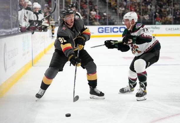 Jonathan Marchessault of the Vegas Golden Knights passes the puck during the third period of a game against the Arizona Coyotes at T-Mobile Arena on...