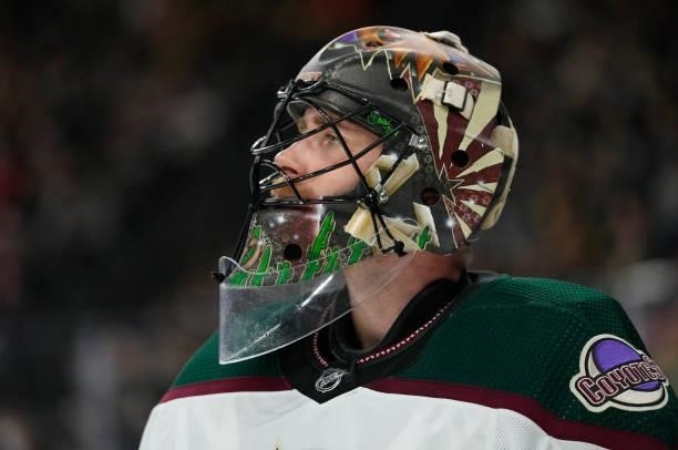 Karel Vejmelka of the Arizona Coyotes tends net during the third period of a game against the Vegas Golden Knights at T-Mobile Arena on October 07,...