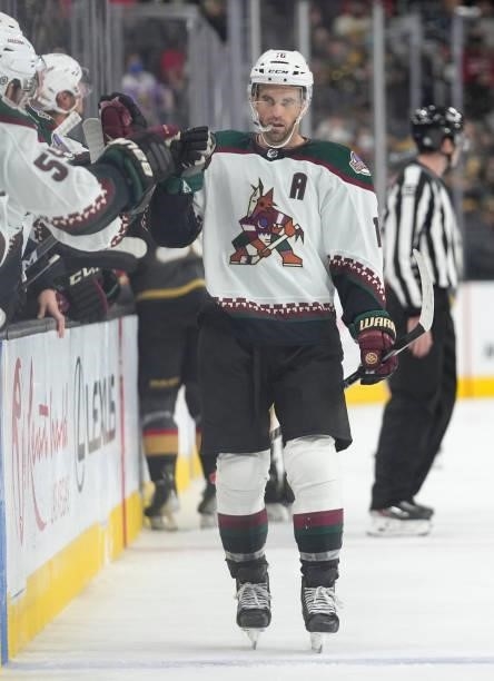 Andrew Ladd of the Arizona Coyotes celebrates after scoring a goal during the third period of a game against the Vegas Golden Knights at T-Mobile...