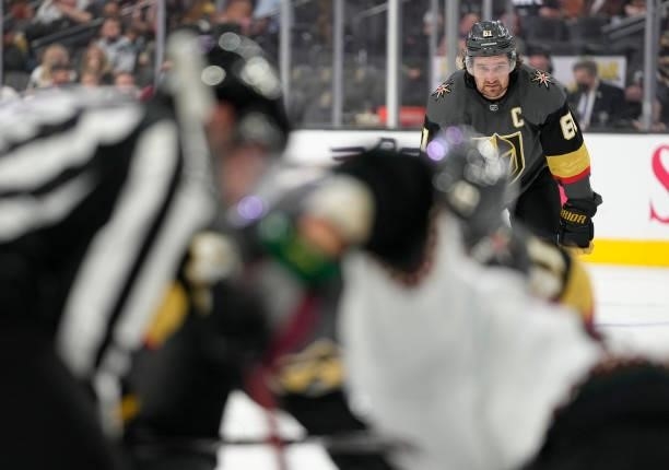 Mark Stone of the Vegas Golden Knights looks on during a face off during the third period of a game against the Arizona Coyotes at T-Mobile Arena on...