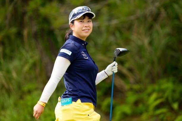 Saki Takeo of Japan reacts after her tee shot on the 2nd hole during the second round of Kanehide Miyarabi Open at the Kanehide Kise Country Club on...