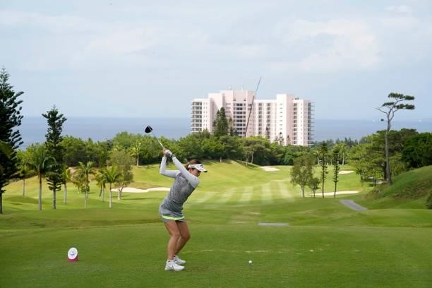 Riko Inoue of Japan hits her tee shot on the 10th hole during the second round of Kanehide Miyarabi Open at the Kanehide Kise Country Club on October...