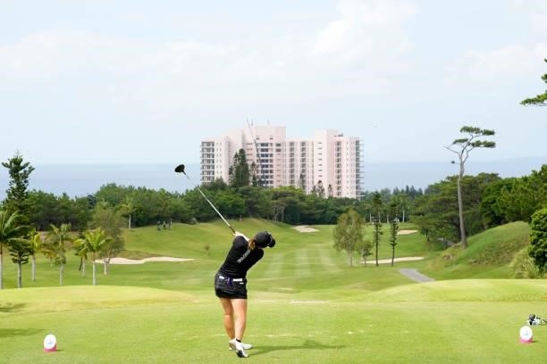 Ayame Sakuma of Japan hits her tee shot on the 10th hole during the second round of Kanehide Miyarabi Open at the Kanehide Kise Country Club on...