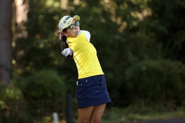Chie Arimura of Japan hits her tee shot on the 8th hole during the first round of the Stanley Ladies at Tomei Country Club on October 8, 2021 in...