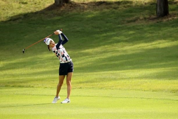 Yuka Yasuda of Japan hits her second shot on the 2nd hole during the first round of the Stanley Ladies at Tomei Country Club on October 8, 2021 in...