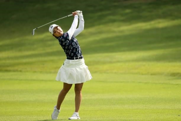 Yuna Takagi of Japan hits her second shot on the 2nd hole during the first round of the Stanley Ladies at Tomei Country Club on October 8, 2021 in...