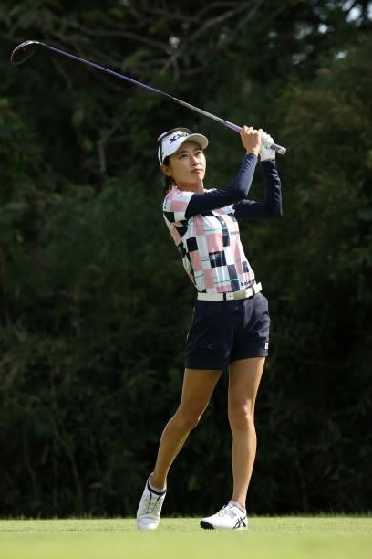 Yuka Yasuda of Japan hits her tee shot on the 3rd hole during the first round of the Stanley Ladies at Tomei Country Club on October 8, 2021 in...